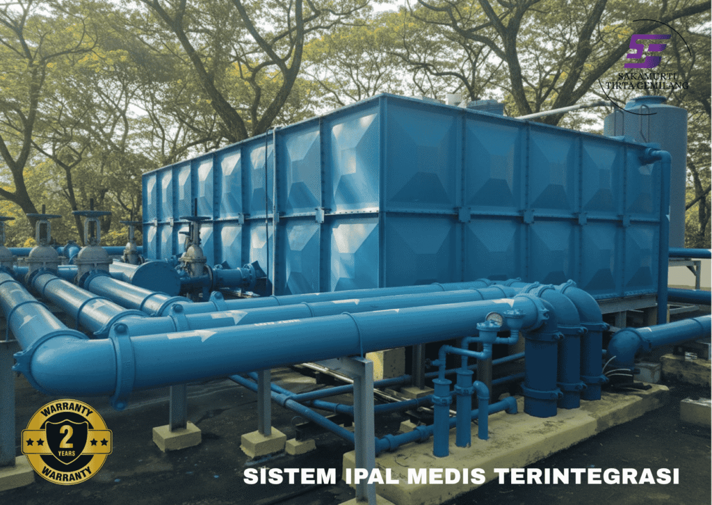 Sistem IPAL medis terintegrasi dengan tangki biru FRP dan pipa pengolahan limbah cair rumah sakit